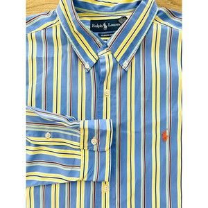 Ralph‎ Lauren Mens XL Classic Fit Blue Yellow Striped Long Sleeve Button Shirt